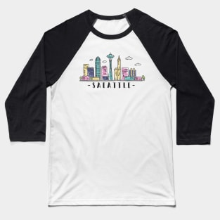 Seattle Washington Grey Skyline Hand Drawn Style Baseball T-Shirt